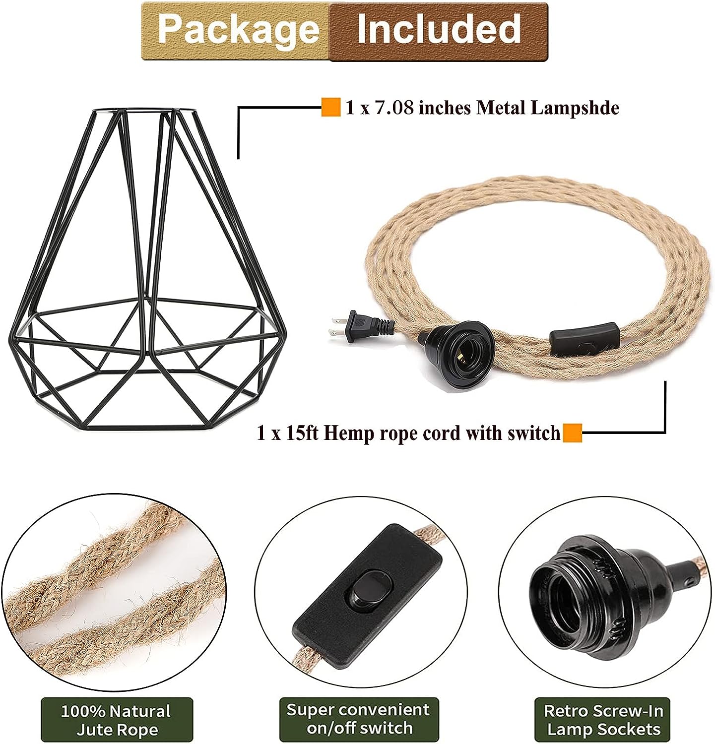 Rustic Hemp Pendant Light, Matte Black theluminousdecor