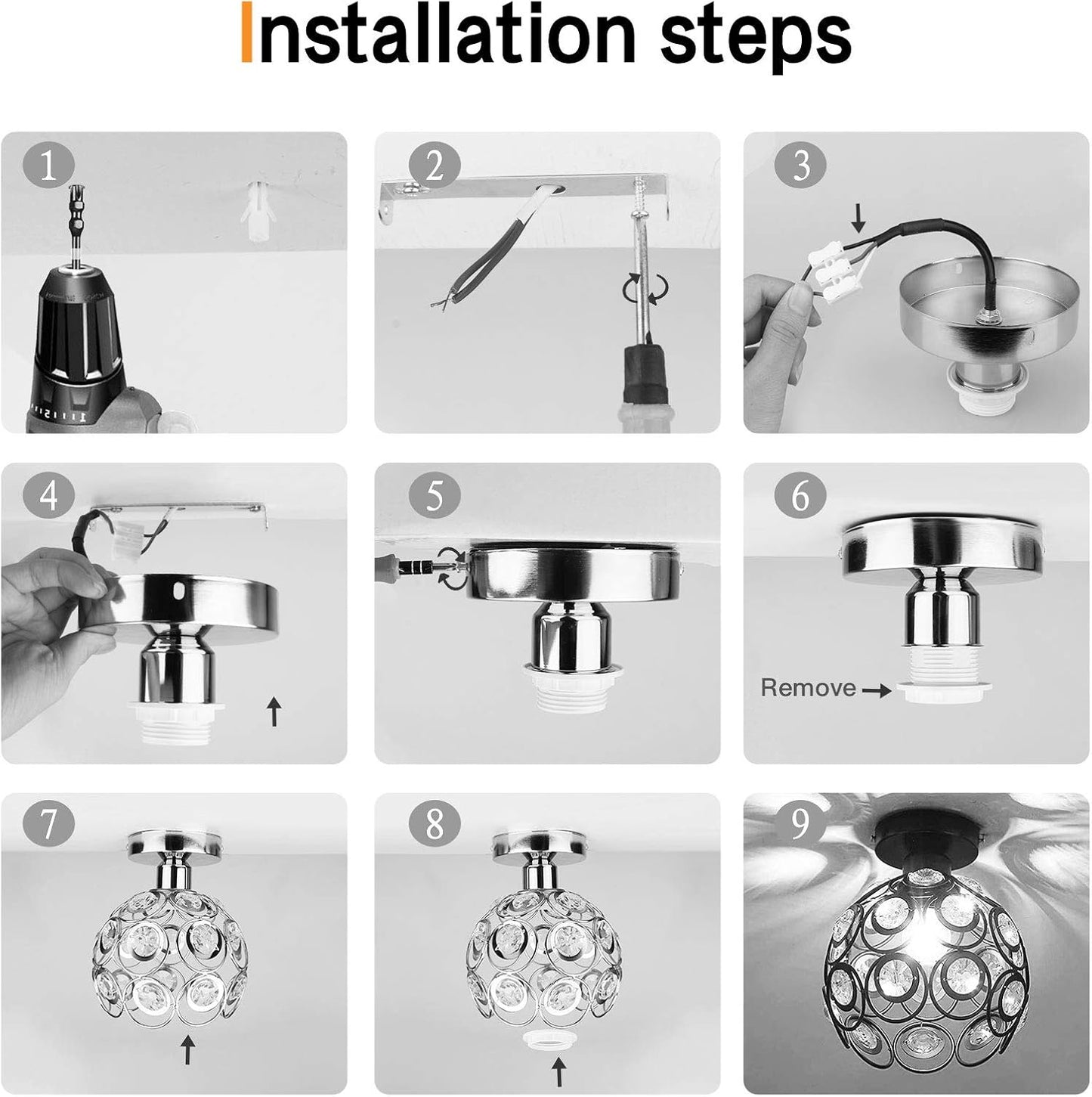 Black Mini Crystal Chandelier - Semi Flush Mount - E26 Base