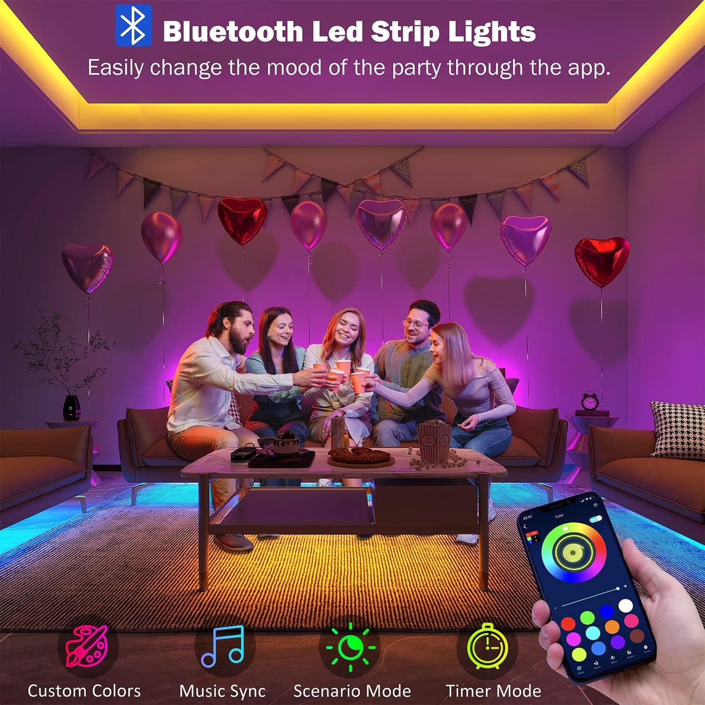 "LED Lights for Bedroom 100ft | Music Sync RGB | Remote & App