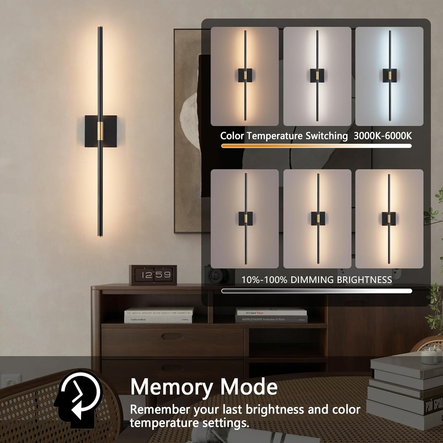 Rechargeable Wall Sconces - 2 Pack, Black & Gold, Remote Control