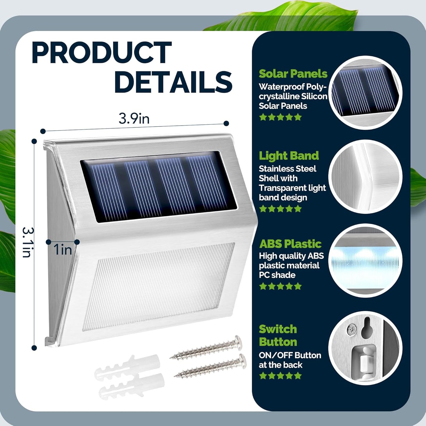 12 Pack Solar Fence Lights - Waterproof LED Step Lighting, Cold White