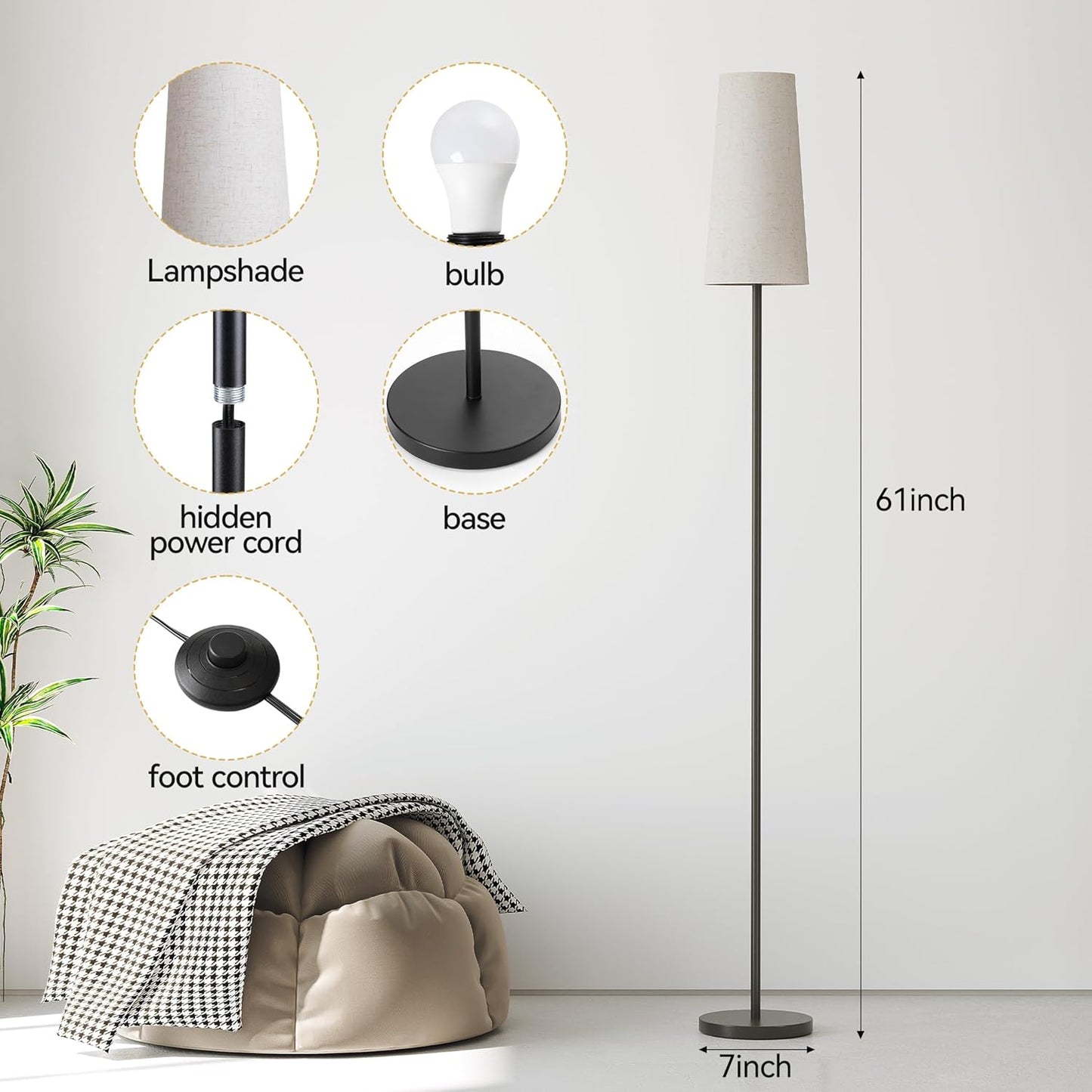 Black Floor Lamp with Adjustable LED Bulb - 3 Color Temperatures