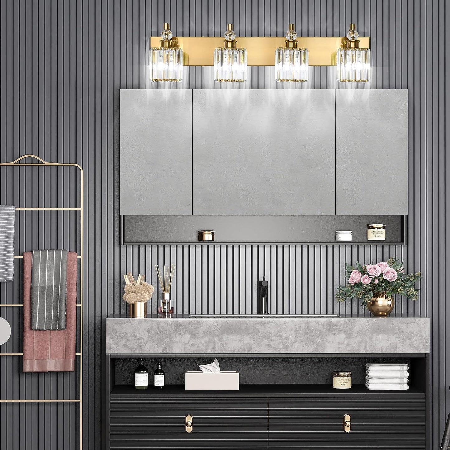 Brighten your bathroom with elegant Crystal Gold Vanity Lights. Illuminate your space with style and sophistication. Shop now for the perfect bathroom lighting solution.