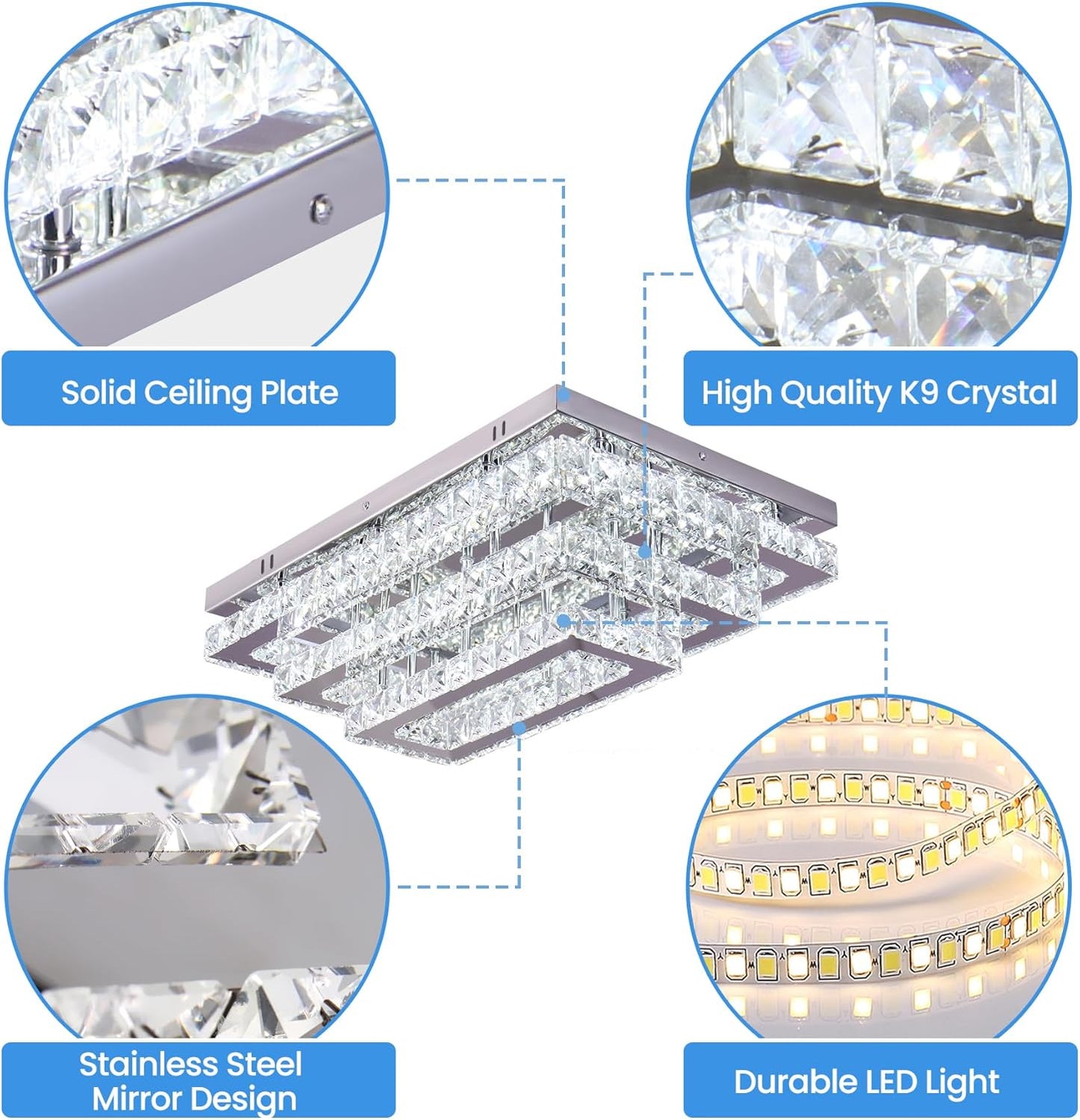 Modern Crystal LED Ceiling Light - 20" Flush Mount Chandelier