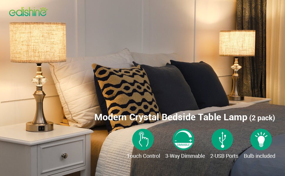 3-Way Dimmable Touch Control Table Lamp with 2 USB Ports, 2 Pack-HLTL06C1