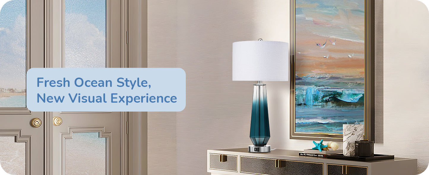 25.2" Ocean Blue Glass Table Lamps, Set of 2-HLTL07B