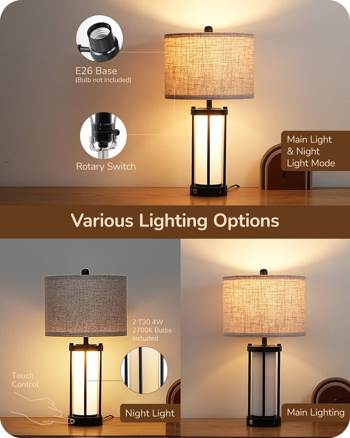 22.44" 3 Way Dimmable Touch Control Table Lamps with Night Light (2 Pack)-HLTL09A