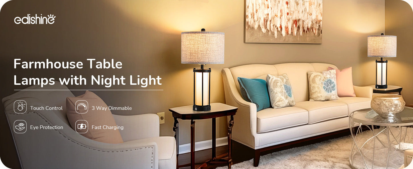 22.44" 3 Way Dimmable Touch Control Table Lamps with Night Light (2 Pack)-HLTL09A
