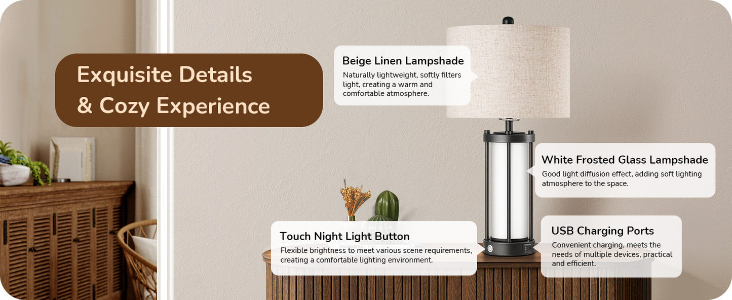 22.44" 3 Way Dimmable Touch Control Table Lamps with Night Light (2 Pack)-HLTL09A