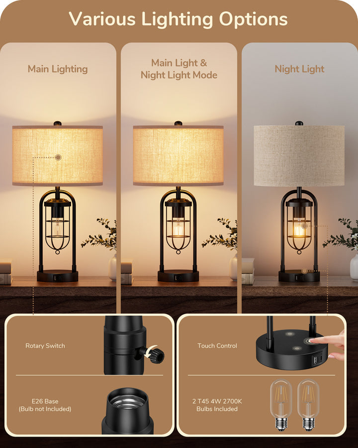 22.84" 3 Way Dimmable Farmhouse Table Lamp with Night Light (2Pack)-HLTL09B