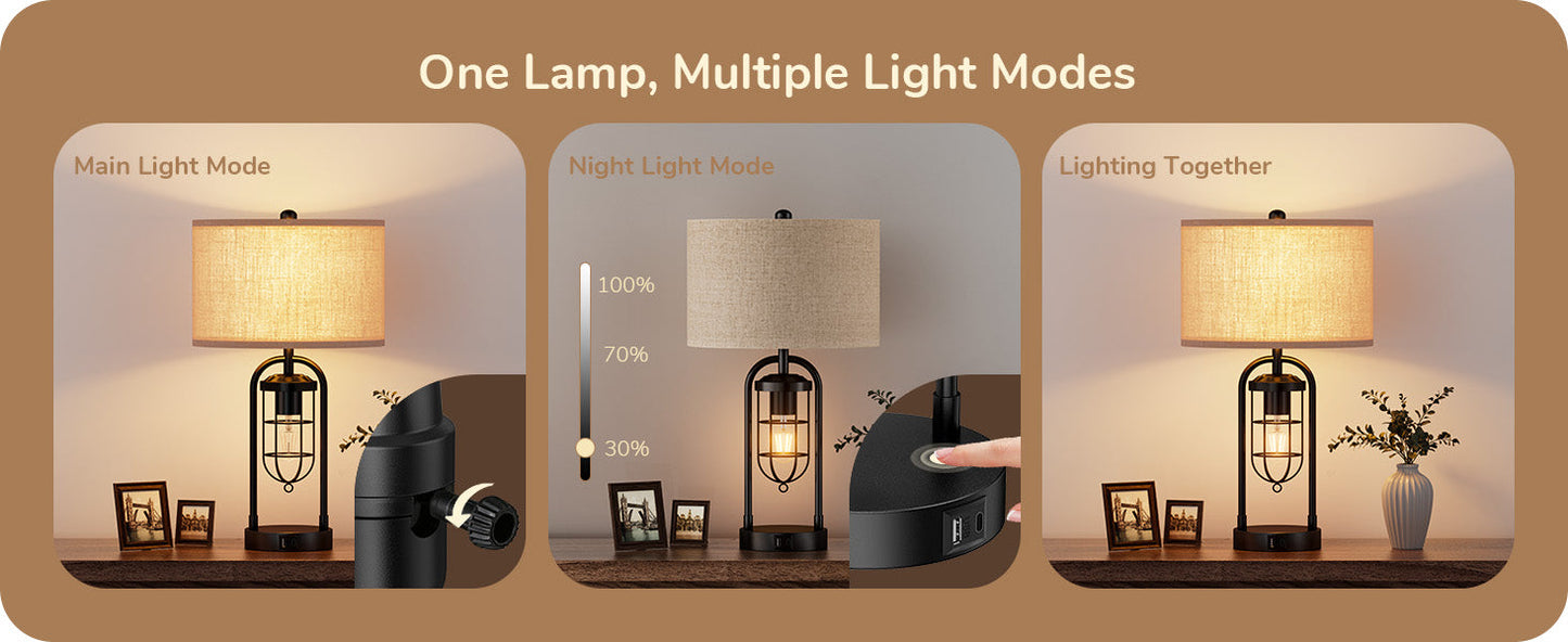 22.84" 3 Way Dimmable Farmhouse Table Lamp with Night Light (2Pack)-HLTL09B