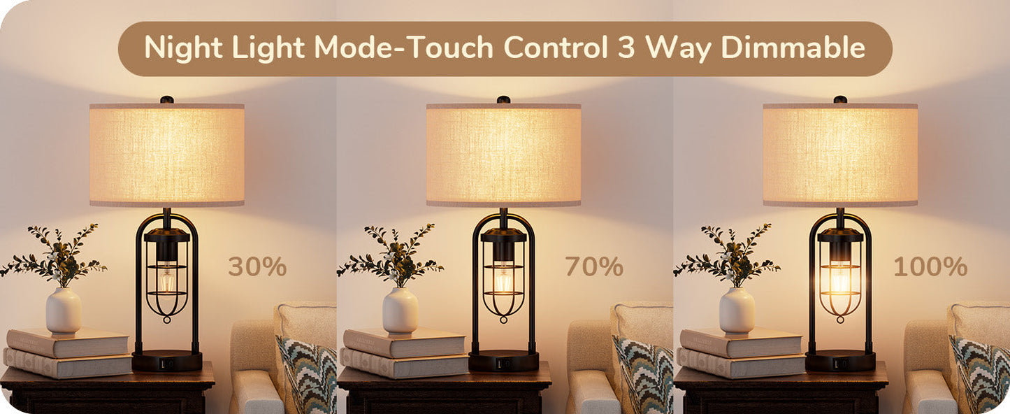 22.84" 3 Way Dimmable Farmhouse Table Lamp with Night Light (2Pack)-HLTL09B