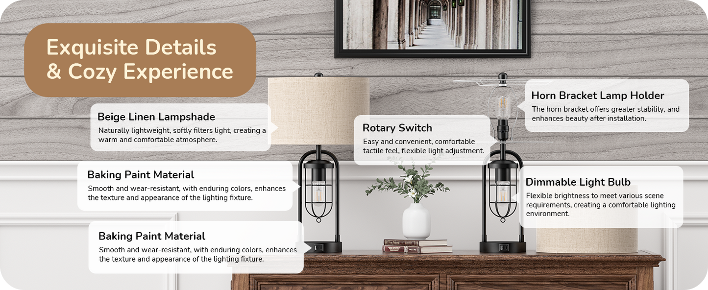 22.84" 3 Way Dimmable Farmhouse Table Lamp with Night Light (2Pack)-HLTL09B