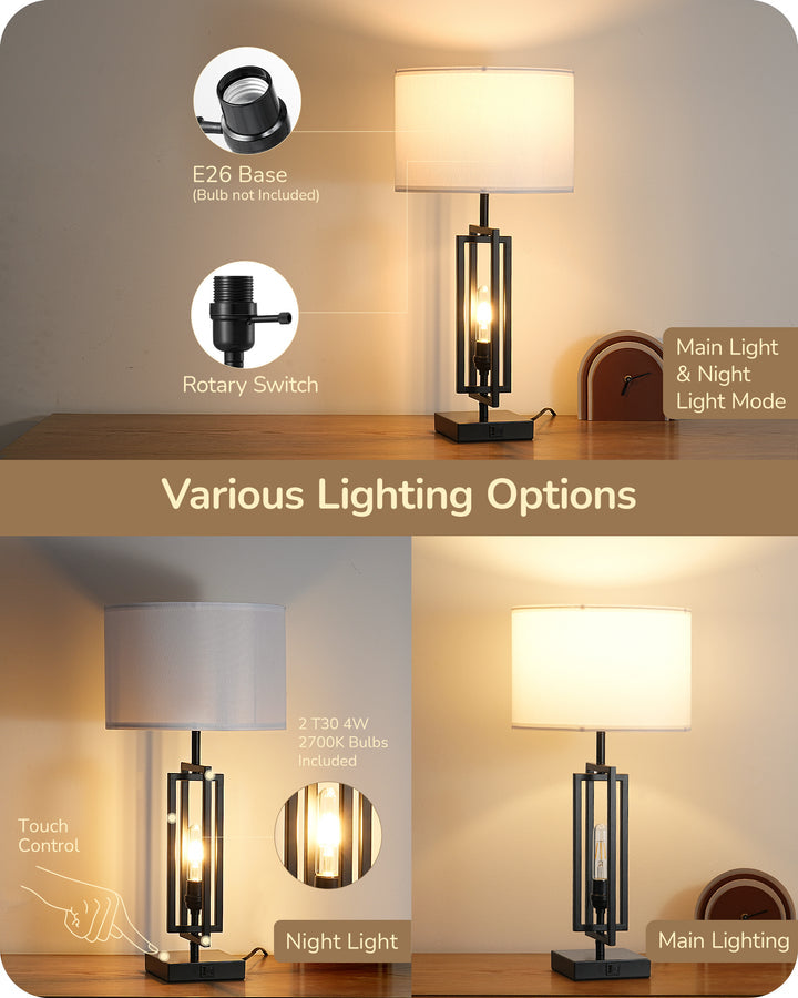 25.6" 3-Way Dimmable Farmhouse Table Lamp with Night Light (2 Pack)-HLTL09C