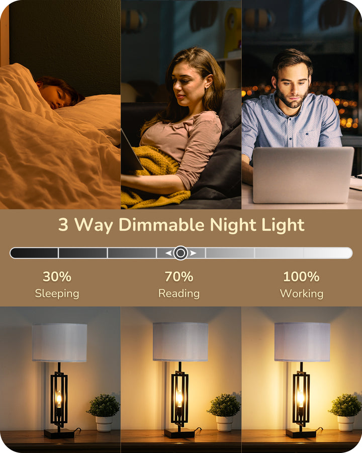 25.6" 3-Way Dimmable Farmhouse Table Lamp with Night Light (2 Pack)-HLTL09C