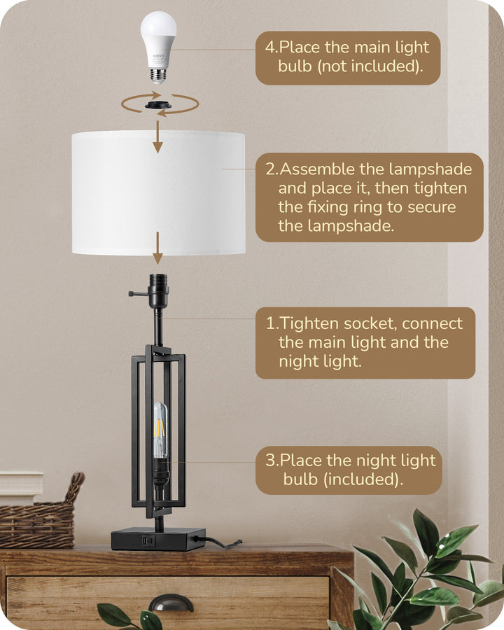 25.6" 3-Way Dimmable Farmhouse Table Lamp with Night Light (2 Pack)-HLTL09C