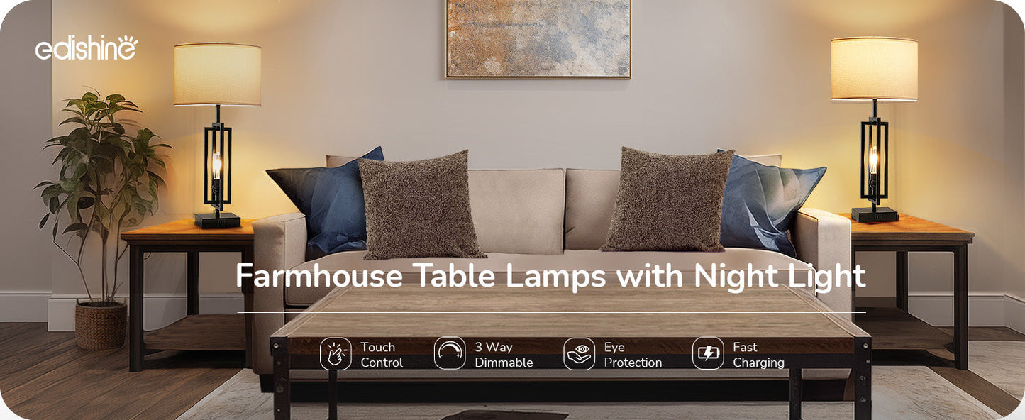 25.6" 3-Way Dimmable Farmhouse Table Lamp with Night Light (2 Pack)-HLTL09C