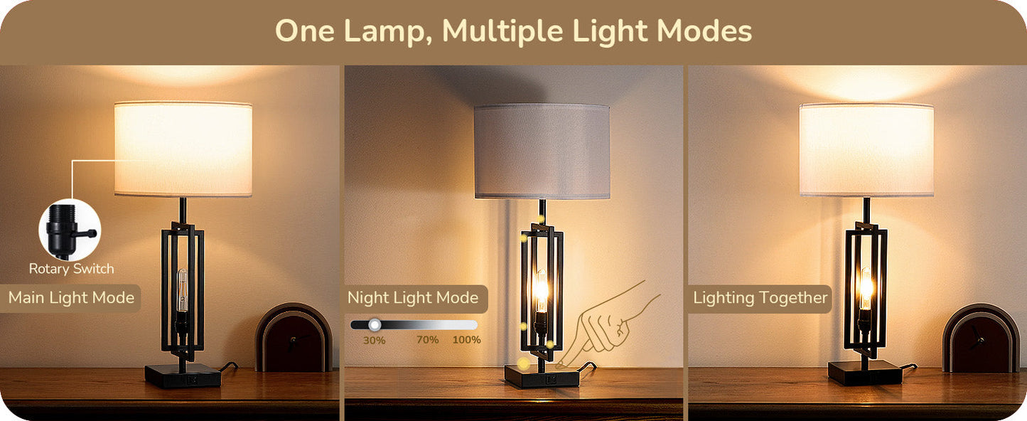 25.6" 3-Way Dimmable Farmhouse Table Lamp with Night Light (2 Pack)-HLTL09C