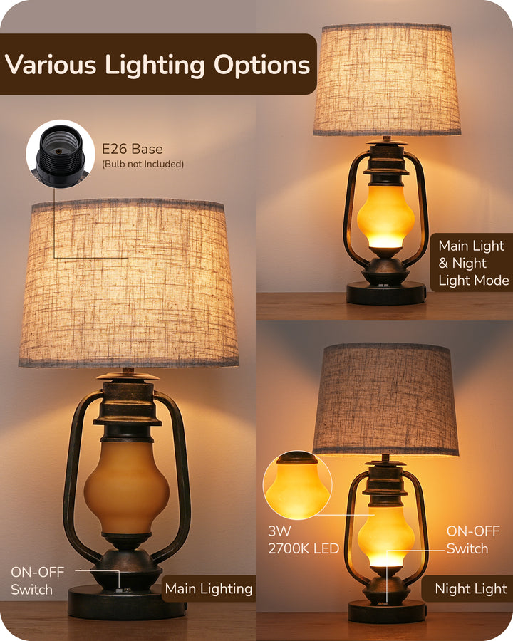 21.65" Farmhouse Table Lamp with LED Lantern Night Light (2 Pack)-HLTL09E