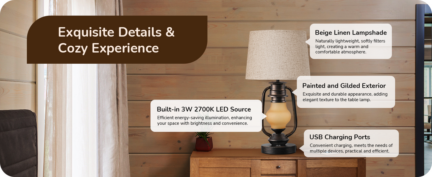 21.65" Farmhouse Table Lamp with LED Lantern Night Light (2 Pack)-HLTL09E