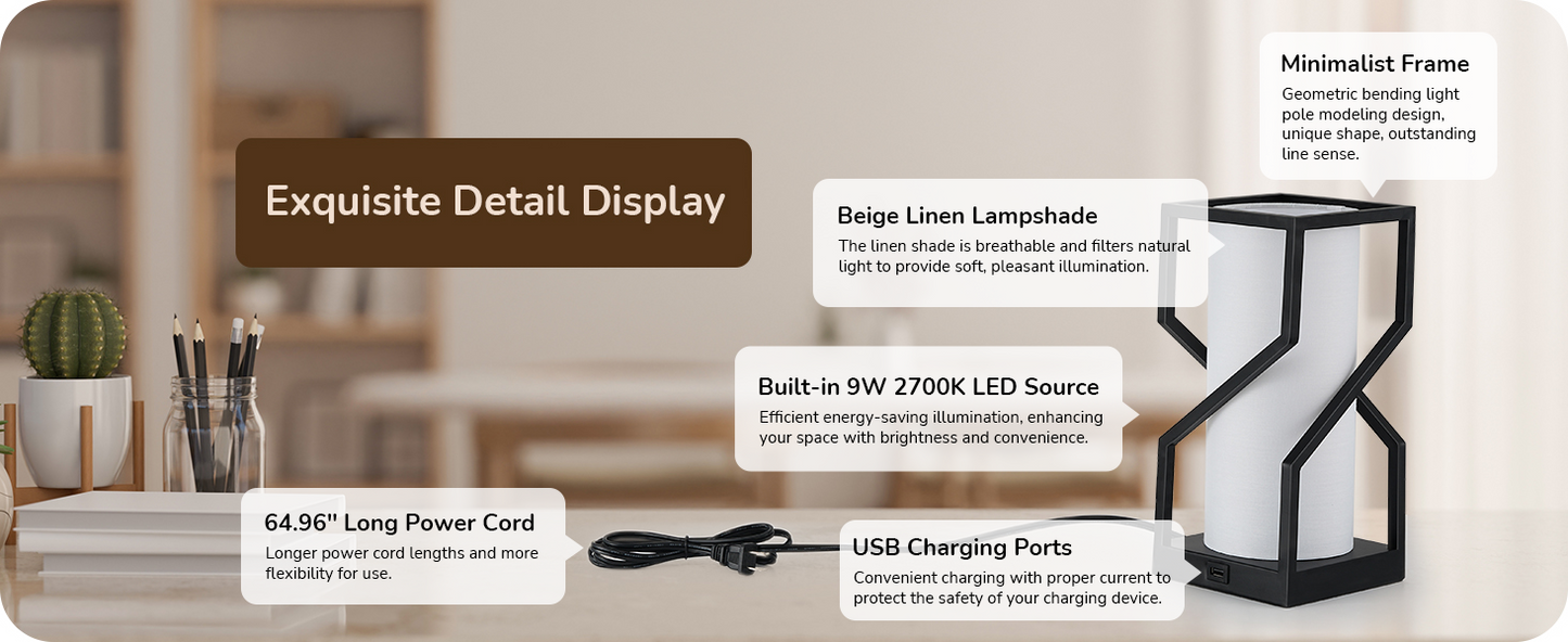 Modern Table Lamp with Linen Lampshade & USB Port-HLTL12A