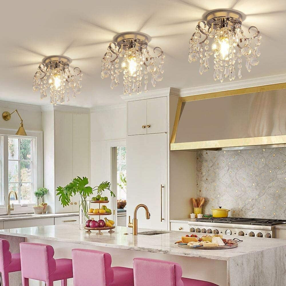 Q&S Small Crystal Chandelier Flush Mount Ceiling Light 3 Lights Modern Chrome Iron Raindrop Crystal Ceiling Fixture for Bedroom Hallway Closet Entryway Stairs