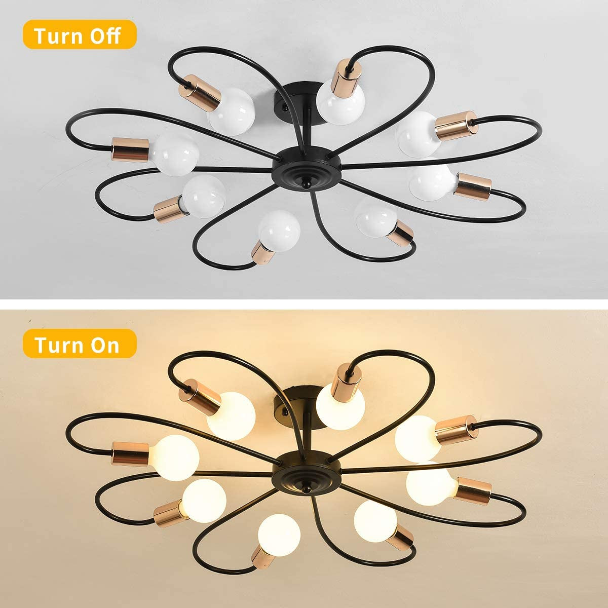 8-Light Semi Flush Ceiling Light, Modern Sputnik Chandeliers Mid-Century Metal Pendant Lighting, Industrial Vintage Ceiling Lamp Fixture for Kitchen Dining Living Room Bedroom(Black&Gold)