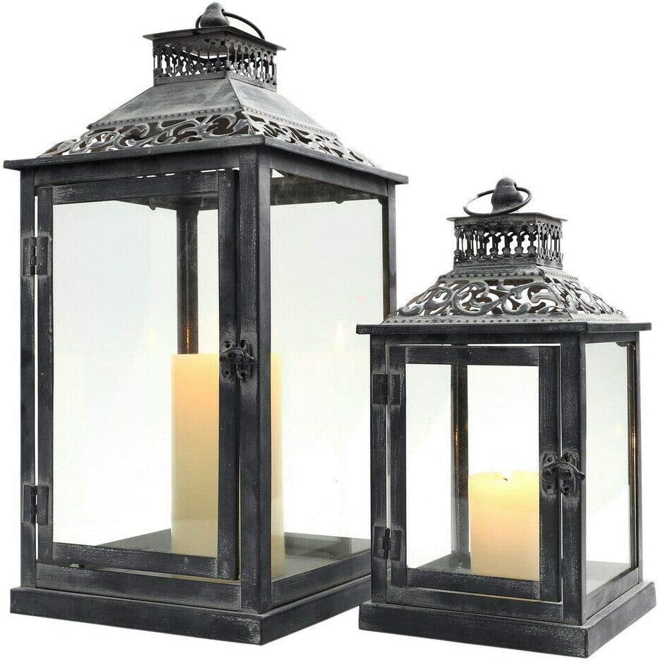 Set of 2 Antique Grey Brush Decorative Lanterns Metal Candle Lanterns for Indoor Outdoor Events Paritie and Weddings Vintage Style Hanging Lantern(With Glass)