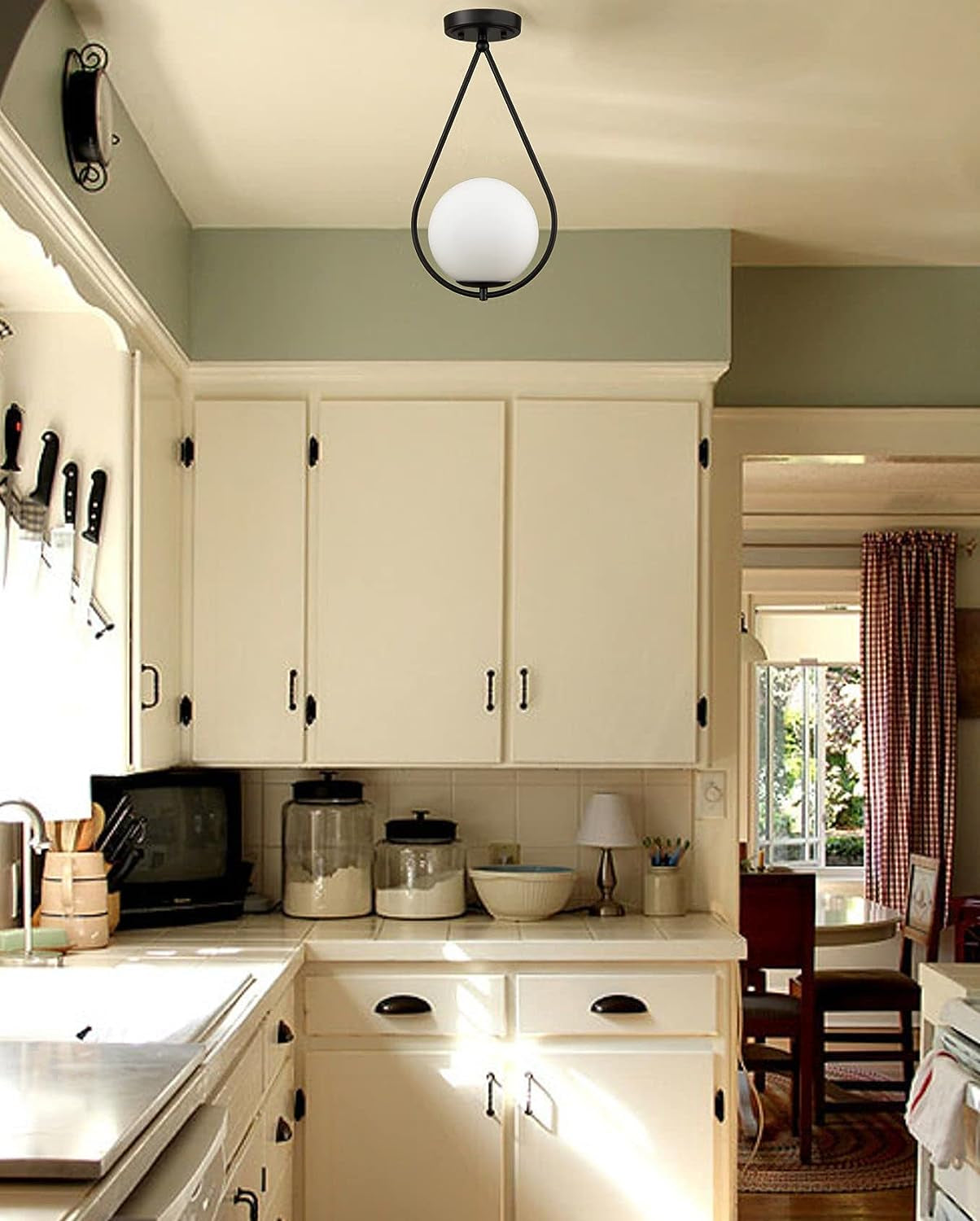 JEENKAE Modern Hallway Light Fixtures Ceiling Globe Semi Flush Mount Black Ceiling Fixture Opal Glass