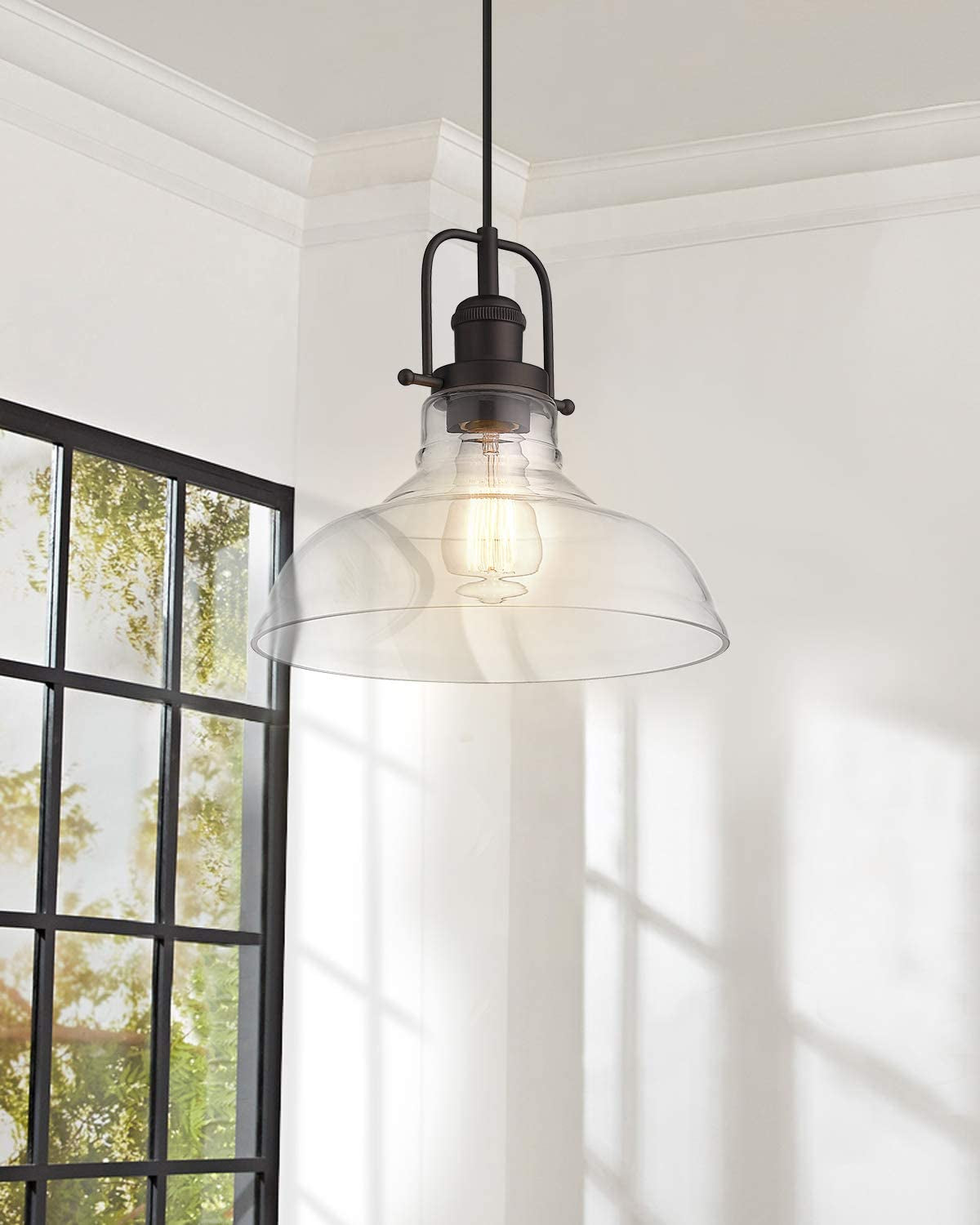 Vintage Pendant Lighting, Farmhouse Schoolhouse Hanging Light Fixture with Adjustable Height, Clear Glass Shade, Oil Rubbed Bronze Finish, 4FY09-MP ORB