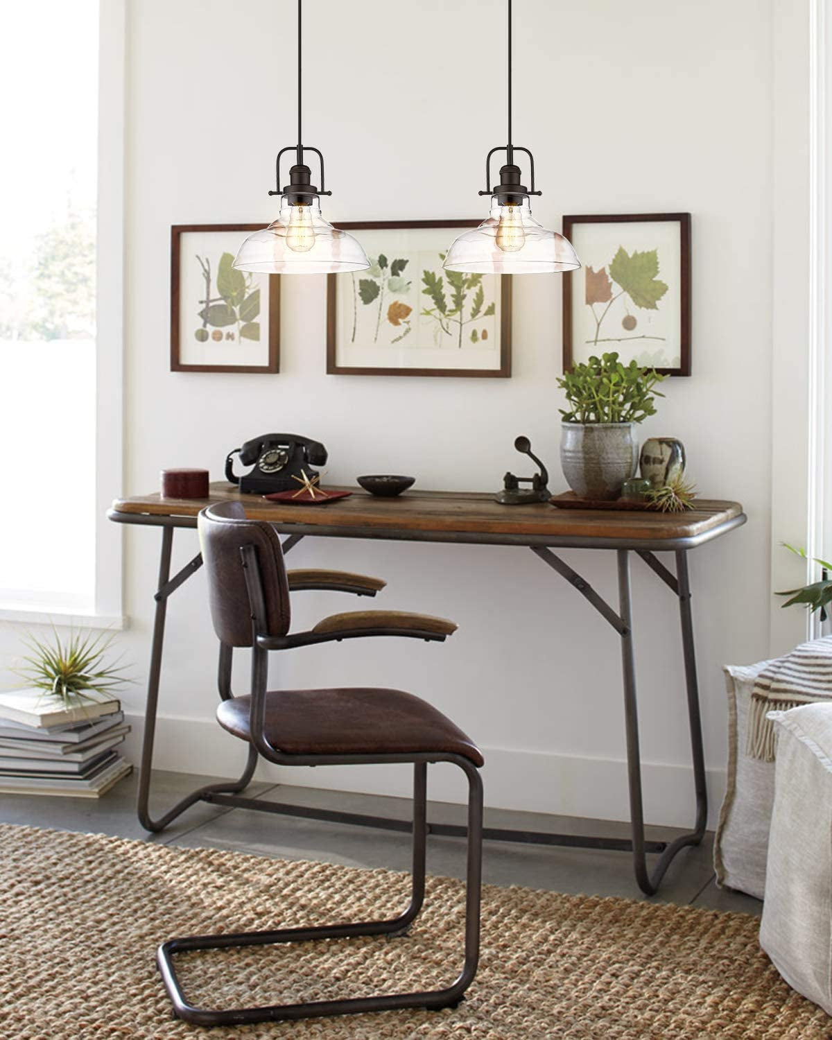 Vintage Pendant Lighting, Farmhouse Schoolhouse Hanging Light Fixture with Adjustable Height, Clear Glass Shade, Oil Rubbed Bronze Finish, 4FY09-MP ORB
