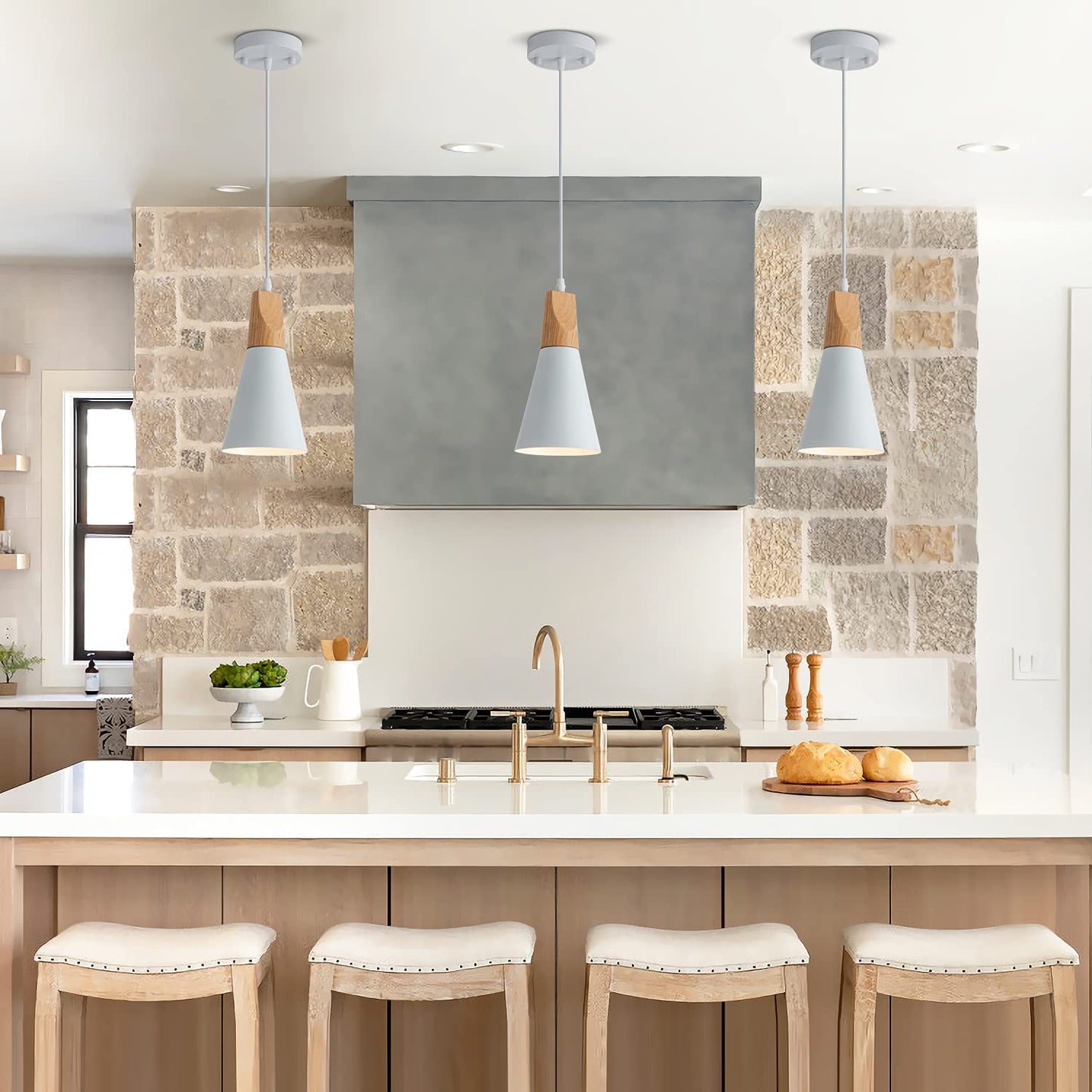 Modern Pendant Lighting for Kitchen Island 3-Pack Small Nordic Pendant Light White and Wood Pendant Light Minimalist Farmhouse Pendant Lighting for Kitchen Sink Dining Room Counter Bar Bedroom 5"