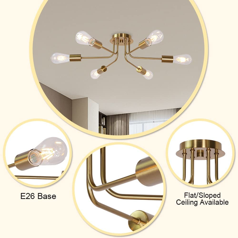 Mid Century Modern Ceiling Lighting Industrial Semi Flush Mount Light Fixture Brushed Brass 6 Light Sputnik Chandelier for Kitchen Dining Room Bedroom Living Room Foyer
