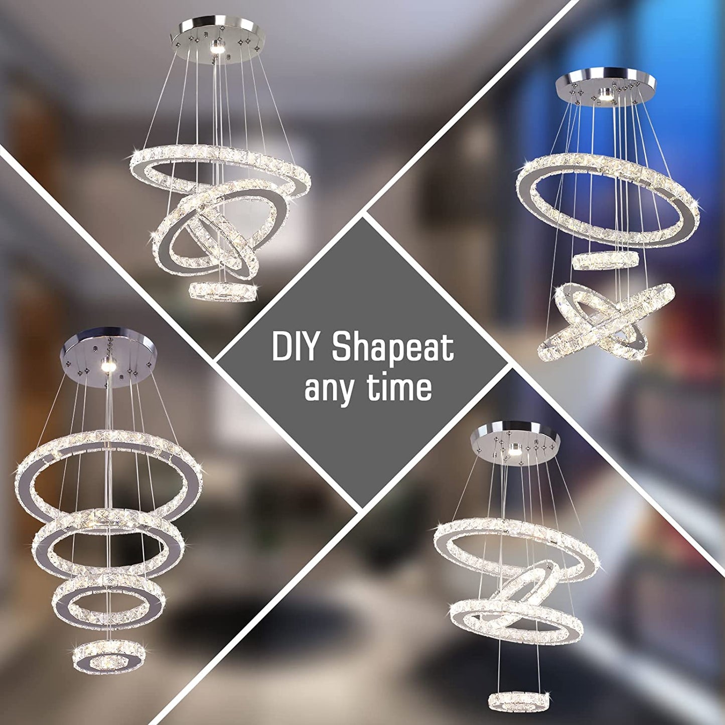 Crystal Chandeliers Modern LED Rings Pendant Light Adjustable Stainless Steel Ceiling Light Fixture for Living Room Dining Room Bedroom (Dimmable)