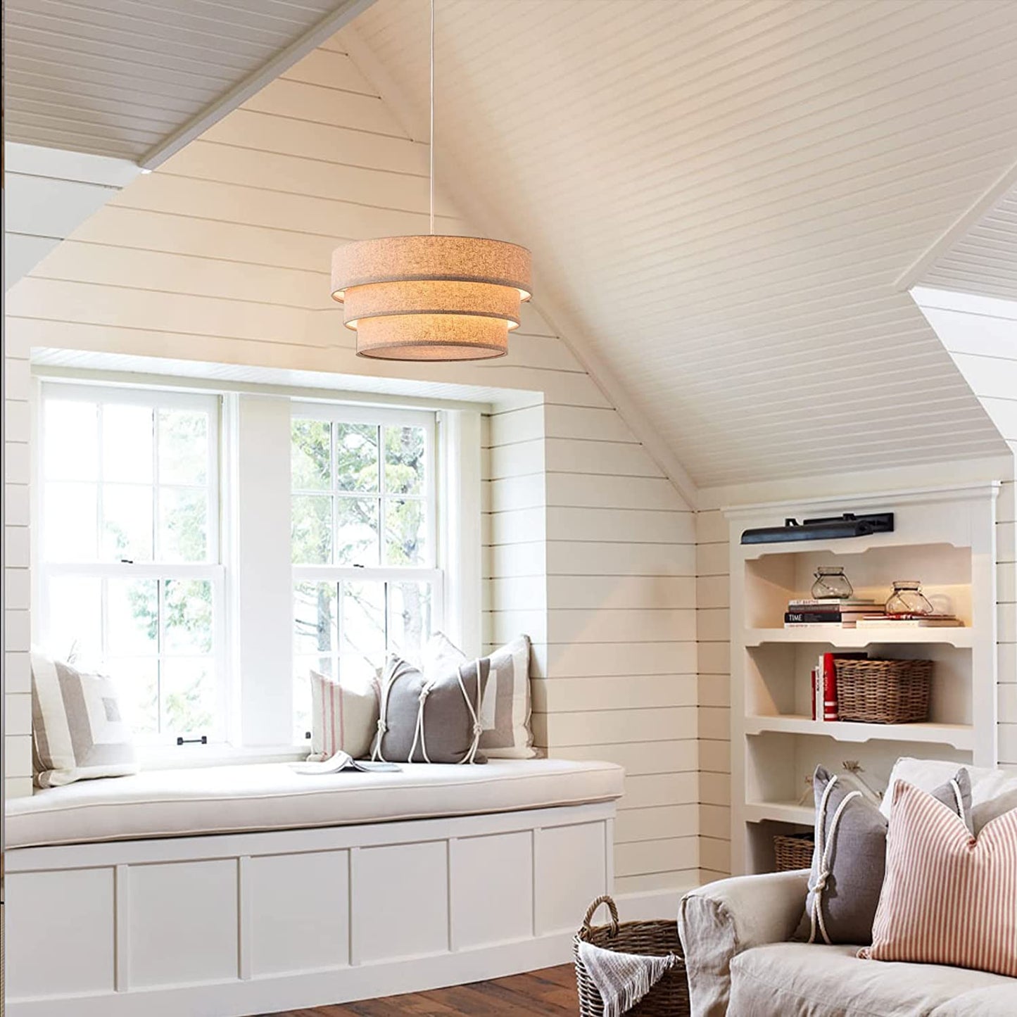 Modern Pendant Ligh,13.4" Drum Hanging Lamp Fixture with 3-Tier Linen Fabrics Lampshade, Elegant Pendant Lighting for Dining Room, Bedroom, Kitchen Island, Entryway, Hallway