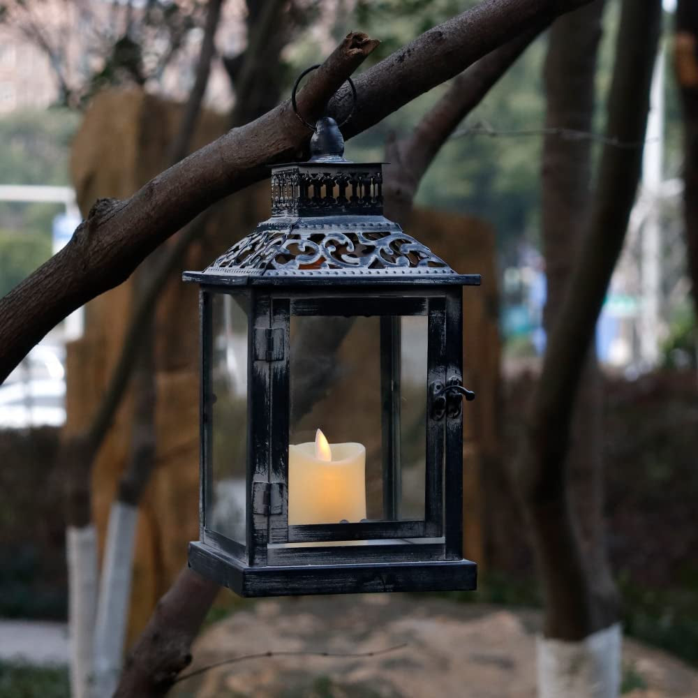 Set of 2 Antique Grey Brush Decorative Lanterns Metal Candle Lanterns for Indoor Outdoor Events Paritie and Weddings Vintage Style Hanging Lantern(With Glass)