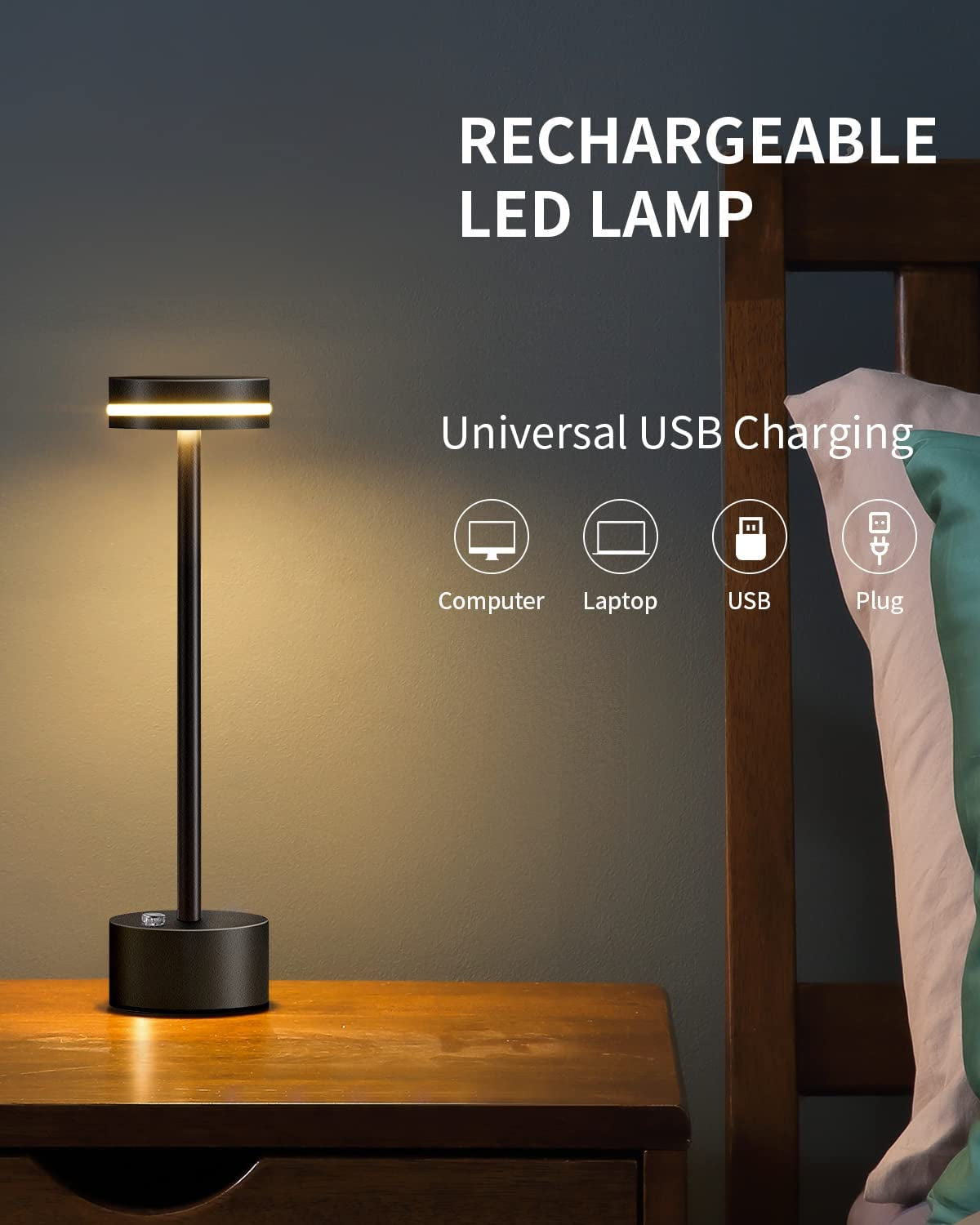 PUSU Portable Table Lamp Battery Powered LED Lamp Cordless Table Lights 3-Level Brightness Touch Control,For Home Office Bedroom Hotel Room Restaurant Outdoor(Black)