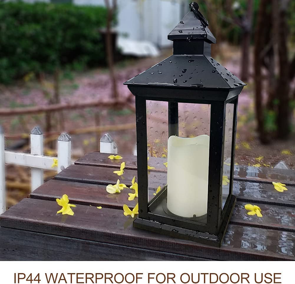 Bright Zeal 2-Pack 14" Decorative Candle Lantern Black Outdoor Lanterns with Timer Candles - IP44 Waterproof Vintage Lanterns Battery Powered LED Decorative for Wedding - Hanging Wall Lanterns Indoor
