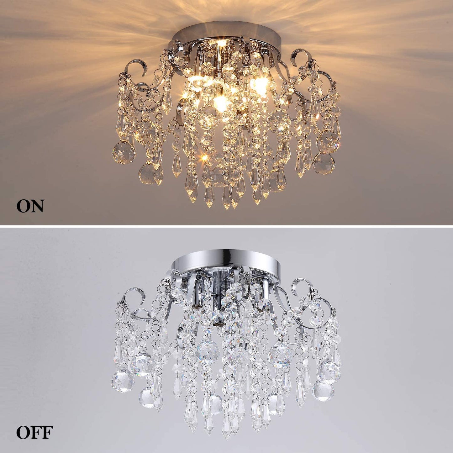 Q&S Small Crystal Chandelier Flush Mount Ceiling Light 3 Lights Modern Chrome Iron Raindrop Crystal Ceiling Fixture for Bedroom Hallway Closet Entryway Stairs