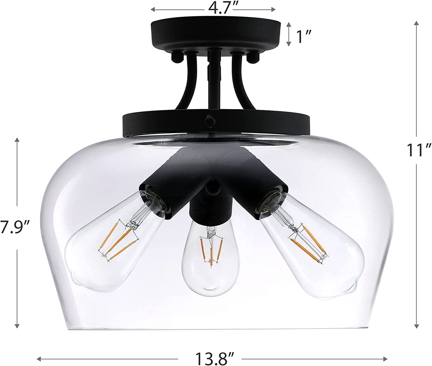 VONLUCE Modern Industrial Clear Glass Shade Ceiling Light Fixture, 3 Bulb Matte Black Semi Flush Mount Ceiling Lighting Fixture for Kitchen Island Dining Table Hallway Living Room Entryway Foyer