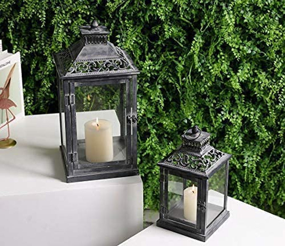 Set of 2 Antique Grey Brush Decorative Lanterns Metal Candle Lanterns for Indoor Outdoor Events Paritie and Weddings Vintage Style Hanging Lantern(With Glass)