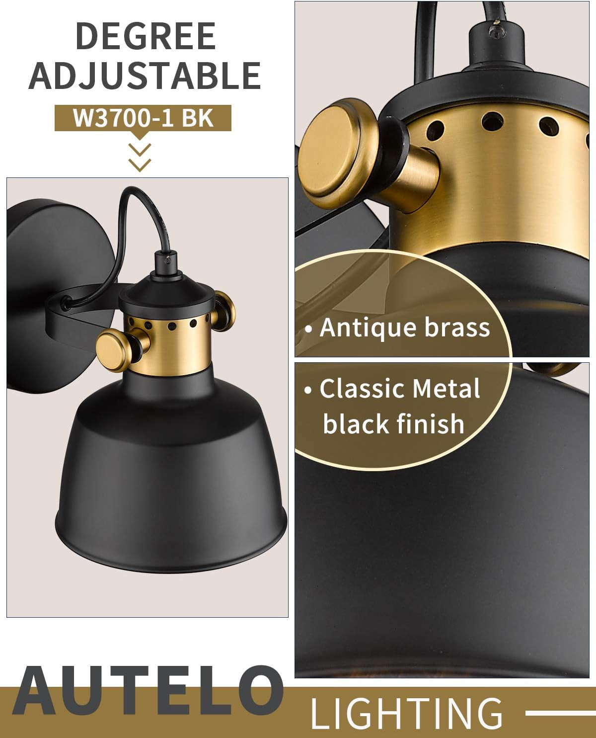 1-Light Vanity Light Fixture, Industrial Wall Sconce with Black Metal Shade Bathroom Wall Light Fixture W3700-1 BK