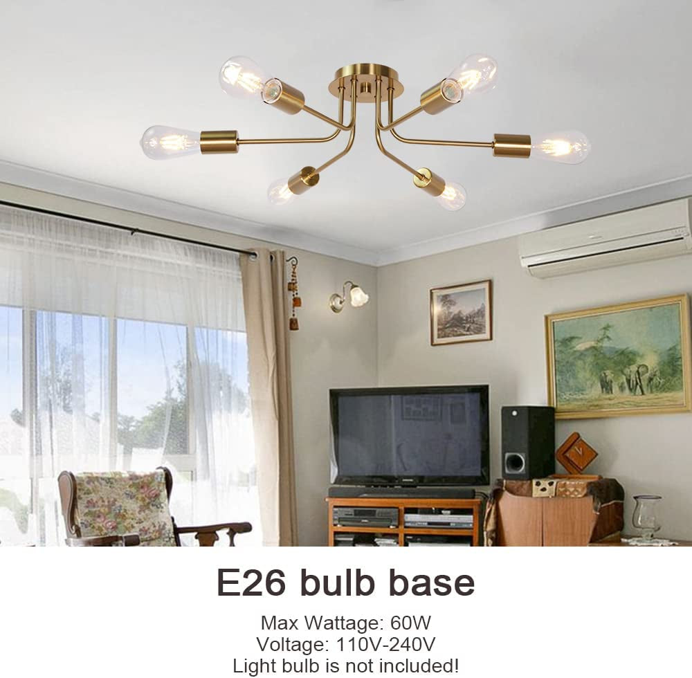 Mid Century Modern Ceiling Lighting Industrial Semi Flush Mount Light Fixture Brushed Brass 6 Light Sputnik Chandelier for Kitchen Dining Room Bedroom Living Room Foyer