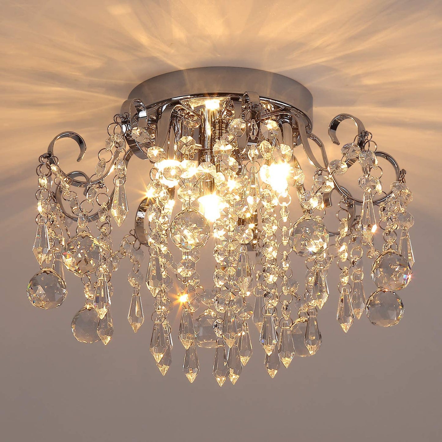 Q&S Small Crystal Chandelier Flush Mount Ceiling Light 3 Lights Modern Chrome Iron Raindrop Crystal Ceiling Fixture for Bedroom Hallway Closet Entryway Stairs