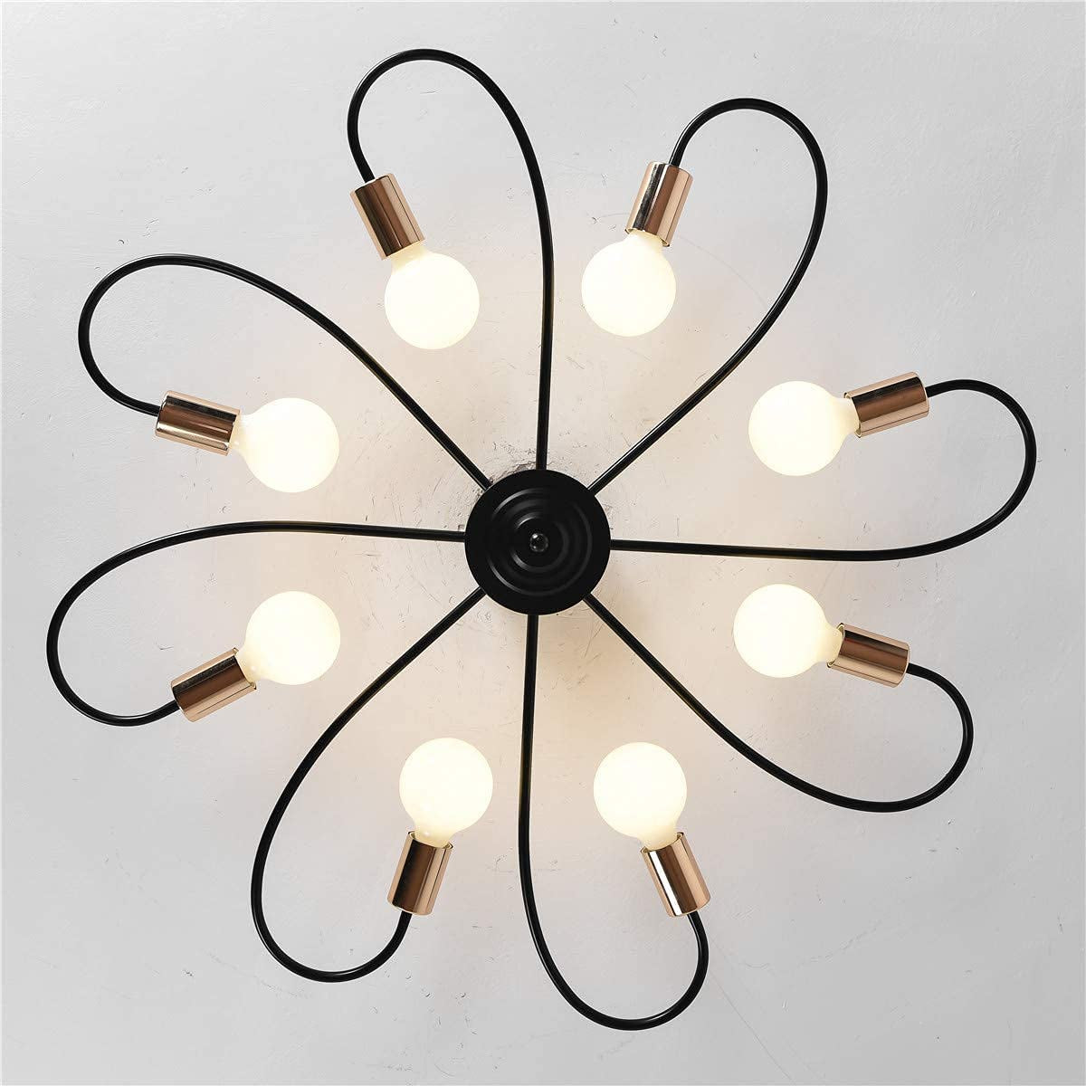 8-Light Semi Flush Ceiling Light, Modern Sputnik Chandeliers Mid-Century Metal Pendant Lighting, Industrial Vintage Ceiling Lamp Fixture for Kitchen Dining Living Room Bedroom(Black&Gold)