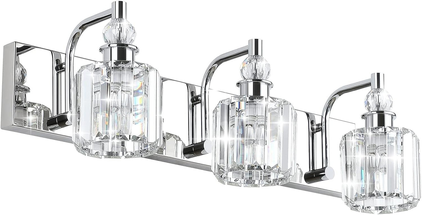 Modern chrome crystal vanity light for stylish bathroom illumination with elegant design and bright lighting.