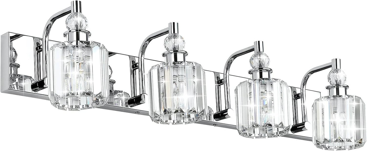 Modern chrome crystal vanity light for stylish bathroom illumination with elegant design and bright lighting.