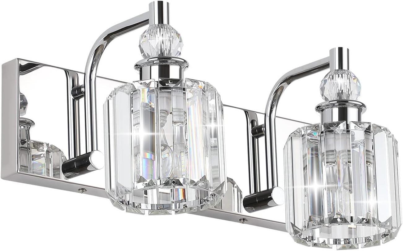 Modern chrome crystal vanity light for stylish bathroom illumination with elegant design and bright lighting.