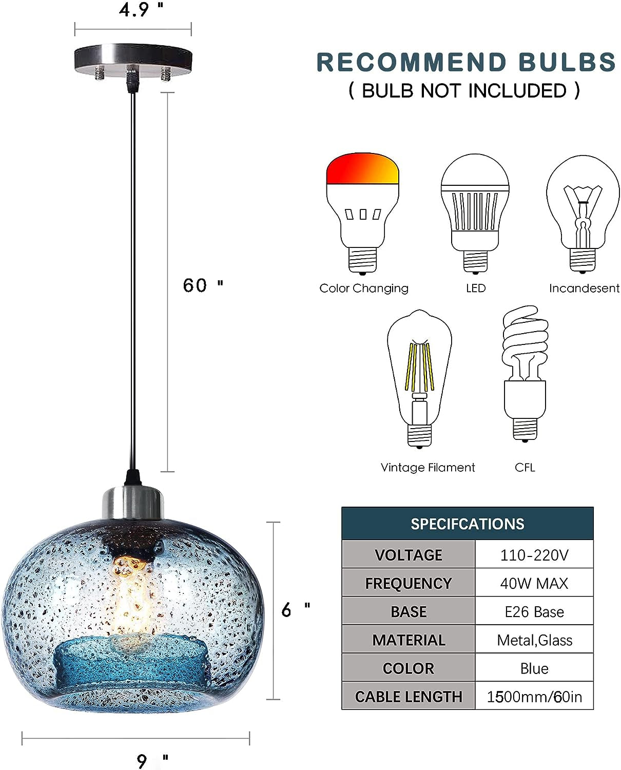 Pendant Lighting Kitchen Island Hand Blown Glass Bathroom Light Fixtures Marble Blue Modren Farmhouse Style Hanging Light for Bedside Dining Room Table Brushed Nickel 9 Inch Diam 2-Pack
