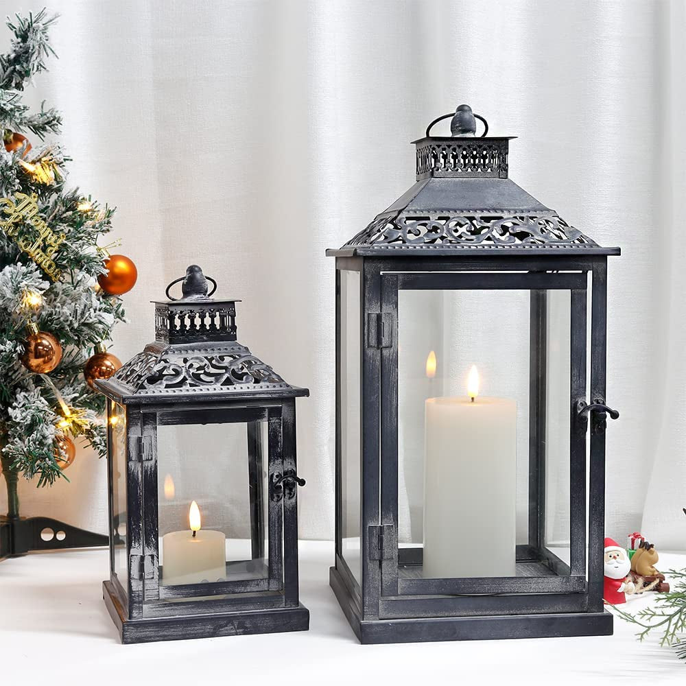 Set of 2 Antique Grey Brush Decorative Lanterns Metal Candle Lanterns for Indoor Outdoor Events Paritie and Weddings Vintage Style Hanging Lantern(With Glass)